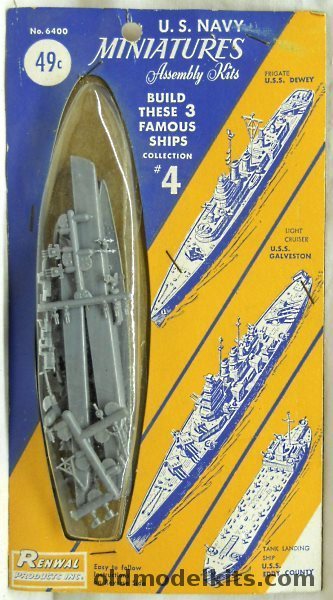 Renwal 1/1200 US Navy Miniatures Collection #4 / Frigate USS Dewy / Light Cruiser USS Galveston / LST USS Eddy County, 6400 plastic model kit
